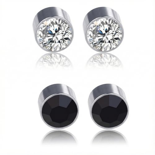 CATZUM Orecchini Magnetici Faux Piercing Studs Senza Necessità di Forare Unisex per Uomo e Donna Design Rotondo (Argento e Nero)