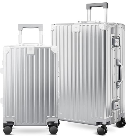 ALPHA CAMP Kofferset 2 Teilig Größe M L Reisekoffer Leicht Hartschalenkoffer Polycarbonat Luggage Suitcase mit Rollen TSA Schloss & Aluminium Rahmen Handgepäck Silber