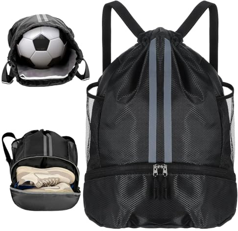 Ferizzia Mochila de Cuerdas, Mochila Gimnasio con Compartimento de Zapatos | Bolsa de Deporte Cordón, Bolsa Cuerdas para Gimnasio, Escuela, Playa, Vacaciones, Viajes, Negro