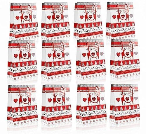 Bambelaa! 12 Stück Geschenktüten Weihnachten Geschenktaschen Klein Papiertüten Weihnachtstüten 128 g Papier Hirsch Rot Weiß Matt (Ca. 18x8x23 cm)