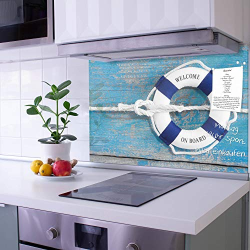banjado Küchenrückwand Glas ohne Bohren 75x50cm – Glasrückwand Küche mit Motiv Rettungsring/Spritzschutz Küchenrückwand Glas/selbstklebende Küchenrückwand Platte - magnetisch & beschreibbar