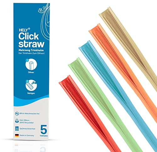 HELY ClickStraw Strohhalm-Set – Trinkhalme wiederverwendbar aus recycelbarem Kunststoff, Mehrweg-Halme Made in Germany, im Farb-Mix, Länge 190 mm, 5er Pack Bunt