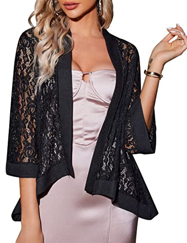 Zeagoo Kimono Cardigans for Women 3/4 Sleeves Open Front Lightweight Black Shrug Lace Bolero for Evening Dresses, Black, 3XL