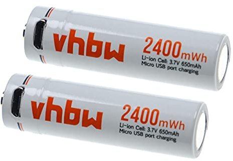vhbw 2x batteria AA stilo (mignon) con porta micro USB (650mAh, 3,7V, Li-Ion)