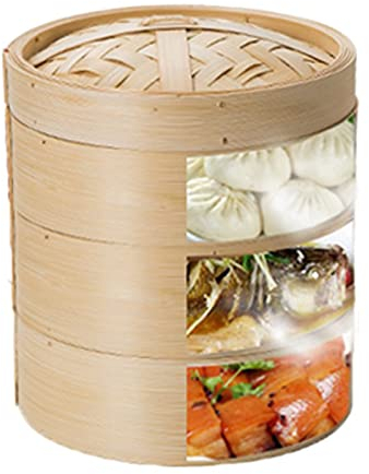 PIAOLING Bambus-Dämpfkorb ， Chinesischer Dampfgarkorb mit Deckel, Teigtaschen und Gemüse-Dampfkorb, Kocher – 2 Ebenen und Deckel