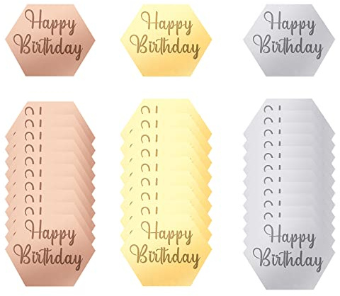 AIEX 33 Stück Happy Birthday Topper Acryl, Happy Birthday Topper Personalisiert Spiegel Acryl Cupcake Topper Mini Cupcake Topper Custom Cake Topper Name (Gold, Silber und Roségold, Hexagon)