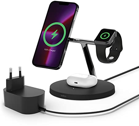 Belkin MagSafe 3-in-1-Wireless-Ladegerät, MagSafe-Ladestation 15 W Schnellladung für iPhone und AppleWatch, Lade-AirPods-Ladestation für iPhone 16, 15, 14, 13, Apple Watch, AirPods
