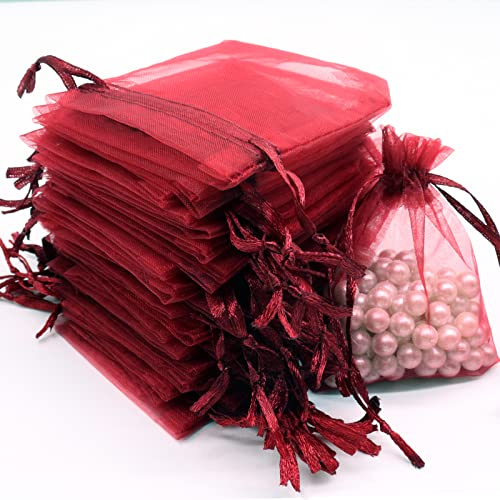 Leeyunbee 100PCS 7x9cm Bolsa de Organza Rojo, Bolsitas de Organza, Bolsas para Envoltura de Joyas, Bolsas de Organza de Regalo con Cordón para Boda Favores Joyas y Dulces