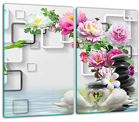 TMK | Herdabdeckplatten ceranfeld 2 Teilig 30x52 cm | Ceranfeldabdeckung Küche Elektroherd Induktion | Herdschutz Spritzschutz | Glasplatte Schneidebrett | Blumen