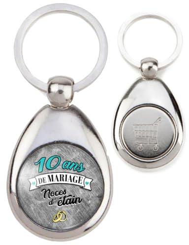 Badgmania Porte Clés Métal Goutte Jeton de Caddie 10 ans de Mariage Noces d'Etain - Anneaux Anniversaire Mariage