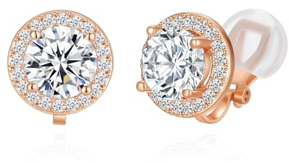 QUKE 8mm Elegant Round CZ Clip-On Stud Earrings Non-Pierced for Women Girls | Sparkly Birthstone Clip On Earrings, Hypoallergenic, Soft Secure Grip, Gift Box, Lovely Present for Birthdays & Christmas