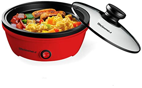 Elite Gourmet EGL-6101 Personal Sartén eléctrica antiadherente para salteados con tapa de cristal templado, calentamiento rápido, 650 vatios, rojo