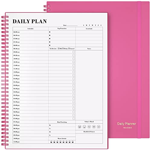 Planer undatiert, Asten Tagesplaner Agenda mit To-Do-Liste, Stundenpläne für Damen und Herren, Spiral-Terminbuch mit elastischem Verschluss, Innentasche 21,6 x 28 cm (Rosa)