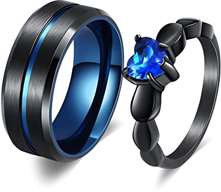 Wycian Edelstahl Verlobungsringe Set, Ring Zirkonia Herz Verlobungsring Saphir Partnerringe Blau Schwarz Ringe 2 Stück Freundschaftsringe 6mm 8mm Titan