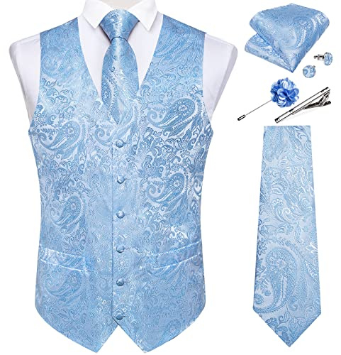 DiBanGu Herren-Krawatten-Set, Seide, Paisley-Kleid, Weste, Hochzeit, 6 | Anzugweste, Jacquard-gewebt, klassisches Design, V-Ausschnitt, 2 echte Taschen, Business, Freizeit, formelle Anlässe, Party