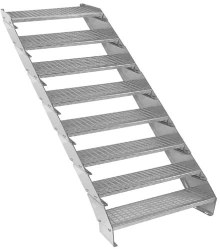 Escalier Caillebotis à 8 marches 900mm x 240 mm - Acier Galvanisé DIN 24537 - Hauteur totale 1600mm - Maille 20 x 25 mm - Résistant à la Corrosion EN ISO 1461 - Construction Bâtiment Sortie de Secours