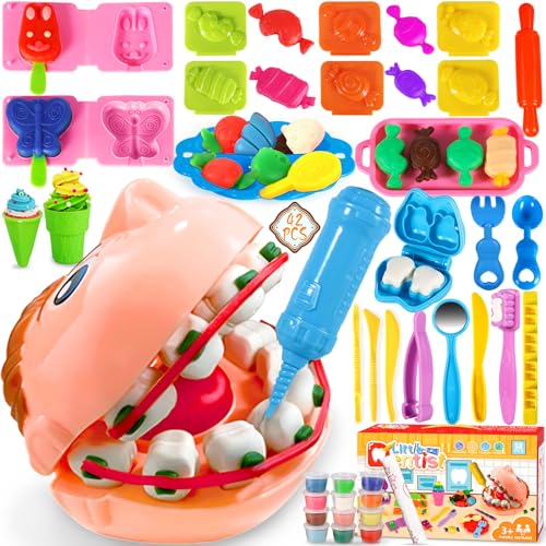 VIPNAJI 53 Stück Zahnarzt Dr. Wackelzahn, Spielzeug für Kinder ab 3 Jahren mit Kariesknete und metallfarbener Knete, Knetwerkzeugen Set ,Knete Dough Set für Kinder,12 Dosen, Spielzeug Geschenk