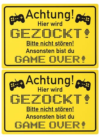 Schild mit Achtung! Hier wird GEZOCKT!, 2 Stück, 1 mm PVC, 30 x 20 cm, Scherzartikel für Videospiel Zocker, Spaßschild mit GAME OVER, lustiges Hinweisschild für Computerspieler