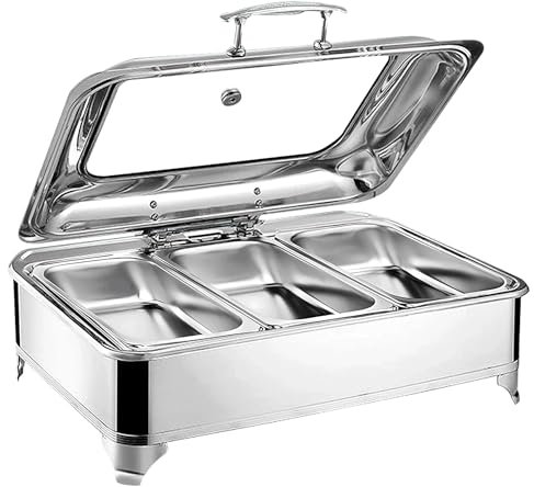 Chafing Dish Elektrisch, 9L Edelstahl Speisewärmer Buffetwärmer mit Sichtbarem Glasdeckel, Elektrisch Warmhaltebehälter Essen für Buffets und Bankette, 30-85° Temperatur Regelbar(Size:GN1/3)