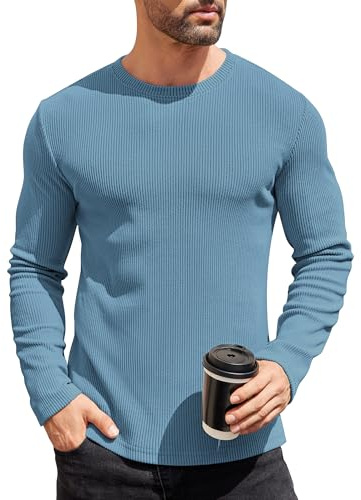 COOFANDY Suéter de Cuello Redondo para Hombre Ajuste Delgado Ligero Manga largasuéter de Punto Azul L