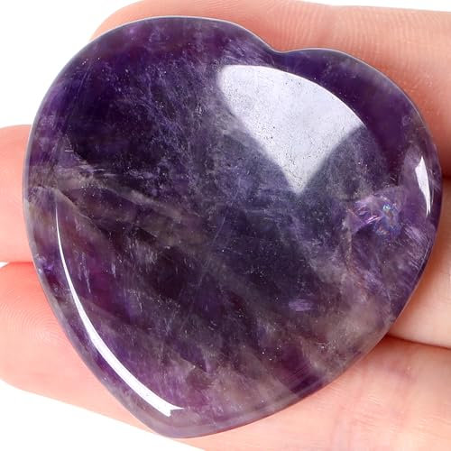 GUJOXILA Amethyst Kristalle Steine Kristall Sorgensteine Herz Edelsteine Herzform Heilsteine Bergkristall Daumenstein，Heilung Massagesteine für Meditation,Stress abbauen Taschensteine 40mm