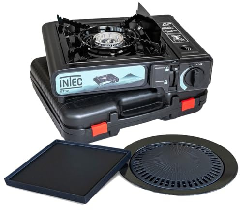 INTEC - Réchaud à gaz Portable 2200W ETNA + Plaque plancha + Grill Cartouche gaz Camping Allumage Piezo Mallette