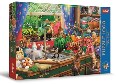 Trefl Premium Plus Quality - Puzzle Tea Time: Busiga kattungar - 1000 bitar, Serie med nostalgiska målade bilder, Perfekt passande bitar, för vuxna och barn från 12 år