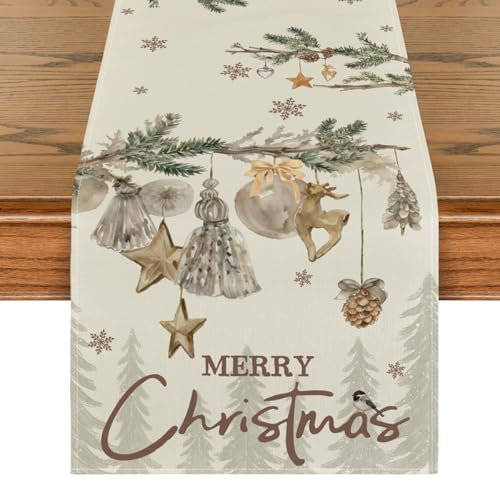Artoid Mode Trees Deer Bells Snowflake Christmas Table Runner, Winter Merry Xmas Kitchen Dining Table Decoration for Party Decor 40x140 cm