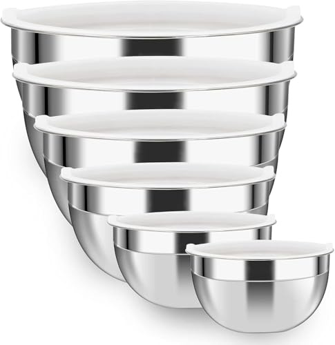 Luvan 304 Edelstahl Schüssel 6er-Set (4, 3.2, 2.5, 1.8, 1.45, 0.96 l), Große Salatschüsseln mit Deckel, Rührschüsseln für die Küche, Faltbare Nistschüssel aus Metall, Spülmaschinenfest