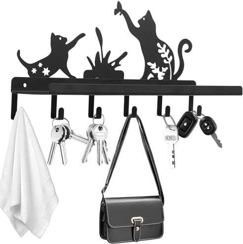 2 Pcs Porte Clef Mural, Porte Clé Mural avec étagère de Rangement, Porte Clés Murale, Plaque à Clés, Boite a Clé Murale Decorative Noirs avec 6 Crochets pour Entrée Bureau Décoration(Motif Chat)