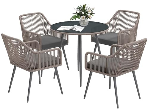 Outsunny Rattan Dining Set, 4 Seater Rattan Garden Furniture, Light Brown