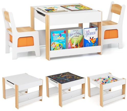 DREAMADE 4 in 1 Kindertisch mit 2 stühlen, Kindersitzgruppe aus Holz mit umkehrbarer Tafel & Bücherregalen, Kinder Tisch Stuhl Set mit 2 Stoffboxen, Kindermöbel Aktivitätstisch Set für Kinder (Natur)