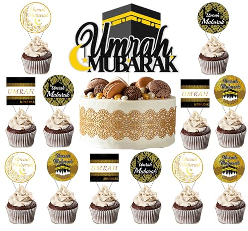 Umrah Mubarak Kuchendekoration, 13 Stück, Schwarz / Gold, Umrah, Mubarak, Eid, Cupcake-Topper, Glitzer, Mond, exquisite Dekorationen für Ihr Zuhause, Ramadan, islamisch, muslimische Ornamente,