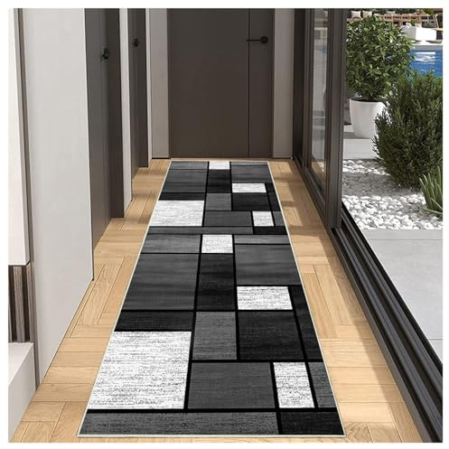 BORKOY Teppich Läufer Flur Modern Patchwork rutschfest 50x200cm Küchenteppich Waschbar Meterware Schlafzimmer Korridor Teppich Lang, Länge Anpassbar, 60/70/80/90/100/120cm Breit in Grau Schwarz Weiß