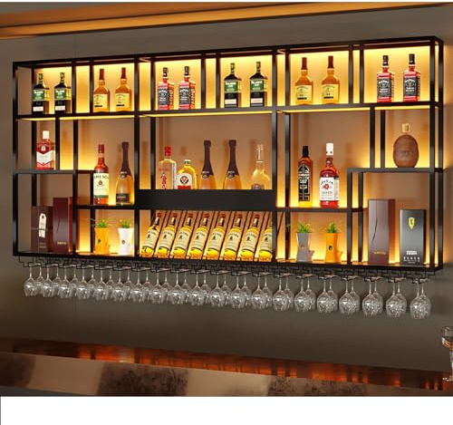 Iron Wine Rack Wall Mounted With LED Light ＆ Wine Glass Holder Bar Liquor Shelf Upgrade Metal Modern Metal Hanging Wine Bottle & Glass Holder,Large-Capacity Wine Racks For Bar Counter(Black,200cm)