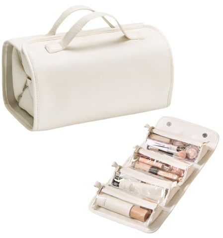 Colexy Neceser de Viaje 4 en 1 Impermeable, Bolsa de Maquillaje con 4 Compartimentos Desmontables, Neceser Mujer Viaje Bolsa del Multi-Compartimiento para Cosméticos, Gimnasio y Viajes (Blanco Perla)