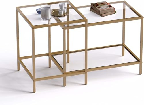 Huhote Quadratisch Couchtisch 2er Set, Moderne Wohnzimmertisch, Couchtisch Aus Glas, Wohnzimmertisch Klein, Beistelltisch, Sofatisch, Coffee Table für Wohnzimmer, Schlafzimmer, Büro, 60/40 cm, Gold