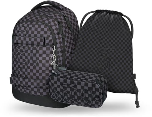 Baagl Skolryggsäck set pojkar flickor tonåringar 5 delar, (skateboard ryggsäck skridskoåkning MAX, pennfodral, gymnastikväska, sportväska, midjeväska), ergonomisk skolväska, 30 l, Ska grå