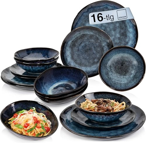 Sänger Tafelservice Tokio 16 tlg, Geschirrset 4 Personen | Steingut Tableware Set, Essgeschirr, Modern Handmade, Essservice Dunkelblau mit schwarzen Akzenten