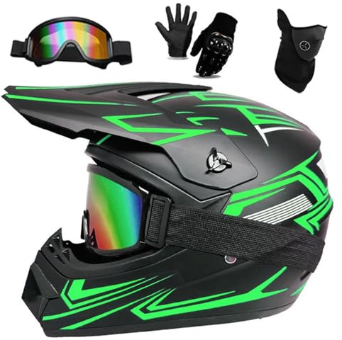 Casco da Motocross Per Bambini, Atv, con Occhiali, Guanti E Maschera, Per Moto Da Cross, Fuoristrada, Atv, Bmx, Downhill, Mountain Bike, Quad, Omologato DOT(Style Green,S(52-53cm))