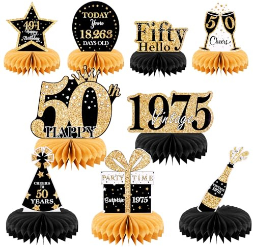 OSDUE 50th Birthday Table Decorations, 9pcs Black and Gold Honeycomb Centerpiece Table Decoration Cake Toppersfor Men Women, 50 Years Vintage Birthday Party Decor Supplies