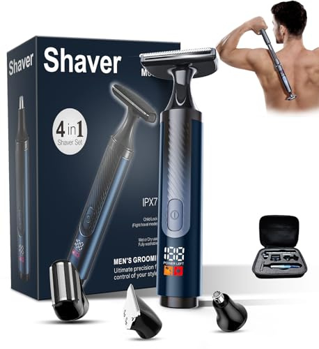 WUXO Back Shaver for Men, Mens Back Shaver with Travel Case, LED Display Ultra-Wide 2 T-Shaped Head with Long Handle, Safety Lock, IPX7 Wet/Dry, Multi-Functional Back Trimmer,(Dim Silver)