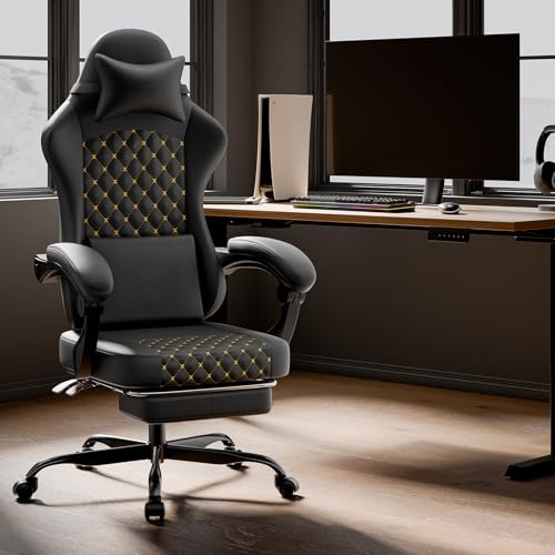EIEAWEPLI Silla Gaming de Cuero PVC, Silla Gaming con Masaje y Reposapiés, Silla Ergonómica para PC, Silla de Oficina, Capacidad de Peso 150 kg (Negro)