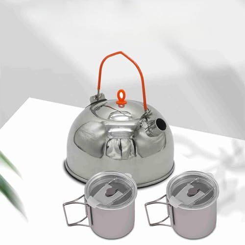 CUOFYUNL Bollitore da campeggio in acciaio inox, bollitore da campeggio con 2 tazze da 300 ml, alluminio anodizzato per campeggio all'aperto, pentole, escursioni, con borsa per il trasporto