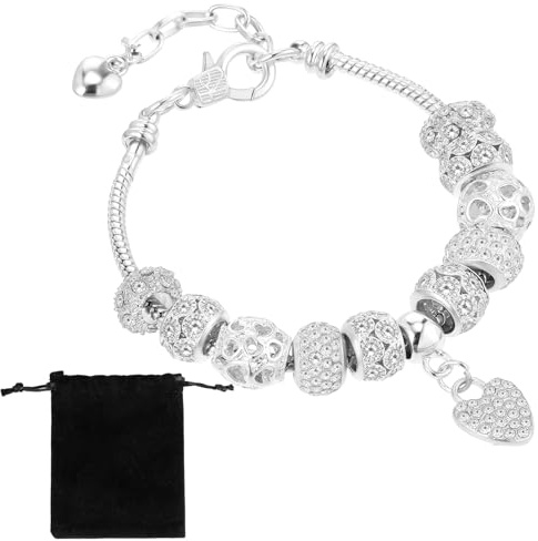 HJZHII Silver Bead Bracelets for Women, 9 Inch Extender Chain Link Bracelet | Rhinestone Heart Charm Bracelet Luxury Adjustable Bangle with Fluffy Bag