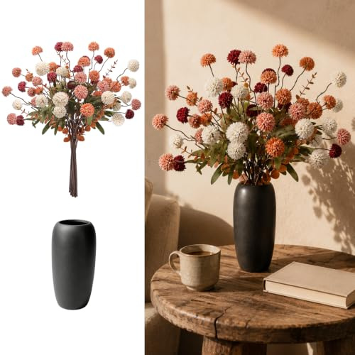 Der Rose Artificial Chrysanthemum Pompon Flowers with Vase for Autumn Decor | 18 Stems Autumn Flowers Artificial with Eucalyptus 1 Black Vase Trimmable and Adjustable for Home Table Centerpiece Decor