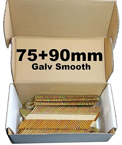Mixed Pack 500 x 75mm Galv Ring + 500 x 90mm Galv Smooth Framing Nails,Clipped D-Head, for DEWALT 18v Cordless DCN692