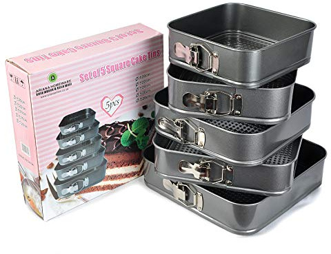 ARIANA HOMEWARE® Set of 5 Non-Stick Square Cake Tins Springform with Removable Bottoms and Metal Handles Loose Base Leakproof Baking Pan Tray Perfect for Cakes – Sizes 20 x 22 x 24 x 26 x 28 cm