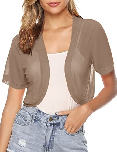 Aiboria Women Shrugs Open Front Mesh Cropped Bolero Short Sleeve Sheer Cardigan Khaki