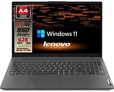 Lenovo Notebook SLIM 8 Gb DDR4, SSHD 1128Gb, cpu Amd A4 3020 di ultima generazione, Display HD da 15,6 pollici, web cam, 3usb, hdmi, bt, Win 11 Pro, Pronto All'uso, garanzia Italia